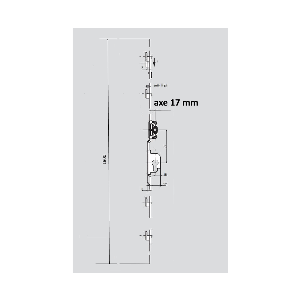 628502 4 crochets de 5 axe 17 cylindre GR1800 Coulissant ROTO